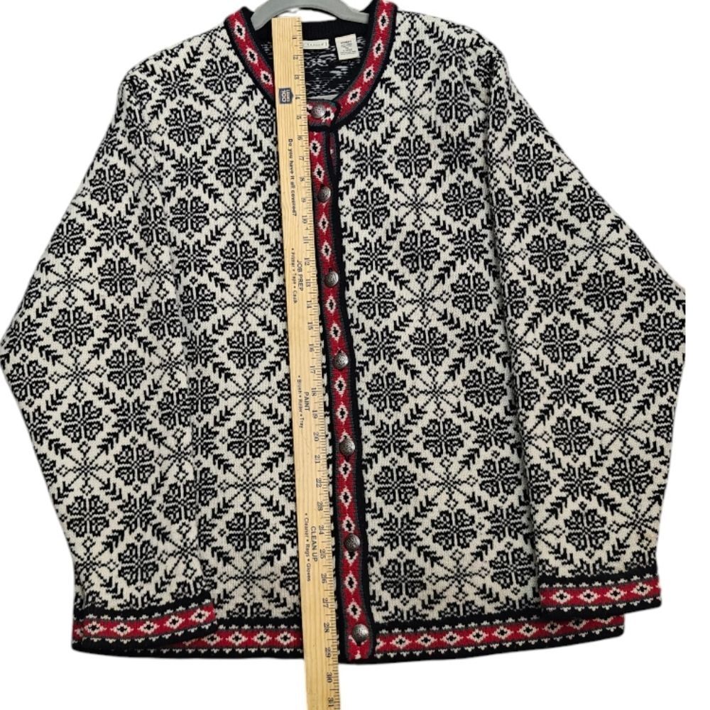 L.L. Bean 100% Merino Wool Cream and Black Patterned Cardigan with Red Trim - Picture 5 of 7